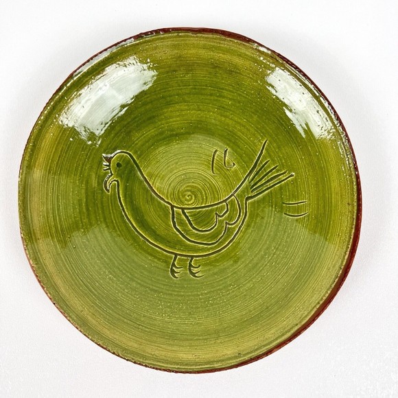 Dorothy Long Pottery Redware Plate 1984 Green Glaze Folk Art Bird Sgraffiti - Picture 4 of 8